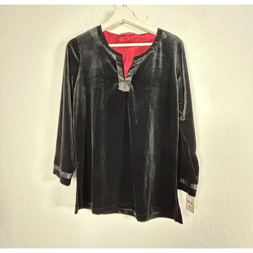 Oscar De La Renta Pink Label Black Womens Velvet Tunic Top Small Satin Trim New